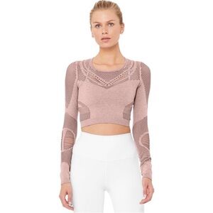 ALO YOGA Siren Long Sleeve Crop Cut Out Sliced Workout Top in Smoky Quartz Large